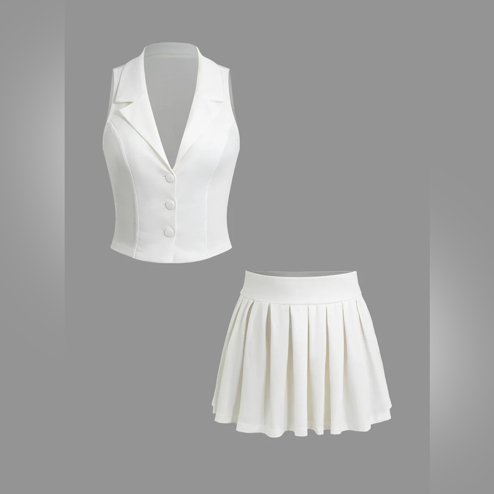 Micas Notched Lapel Vest And Pleated Mini Skirt Set, White, Large (D19)​​​